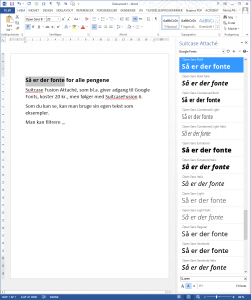 Skærmbillede fra Word med Suitcase Attaché i brug i Word 2013